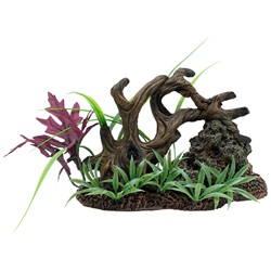 Twisted Driftwood with Rock & Plants Medium - Click Image to Close